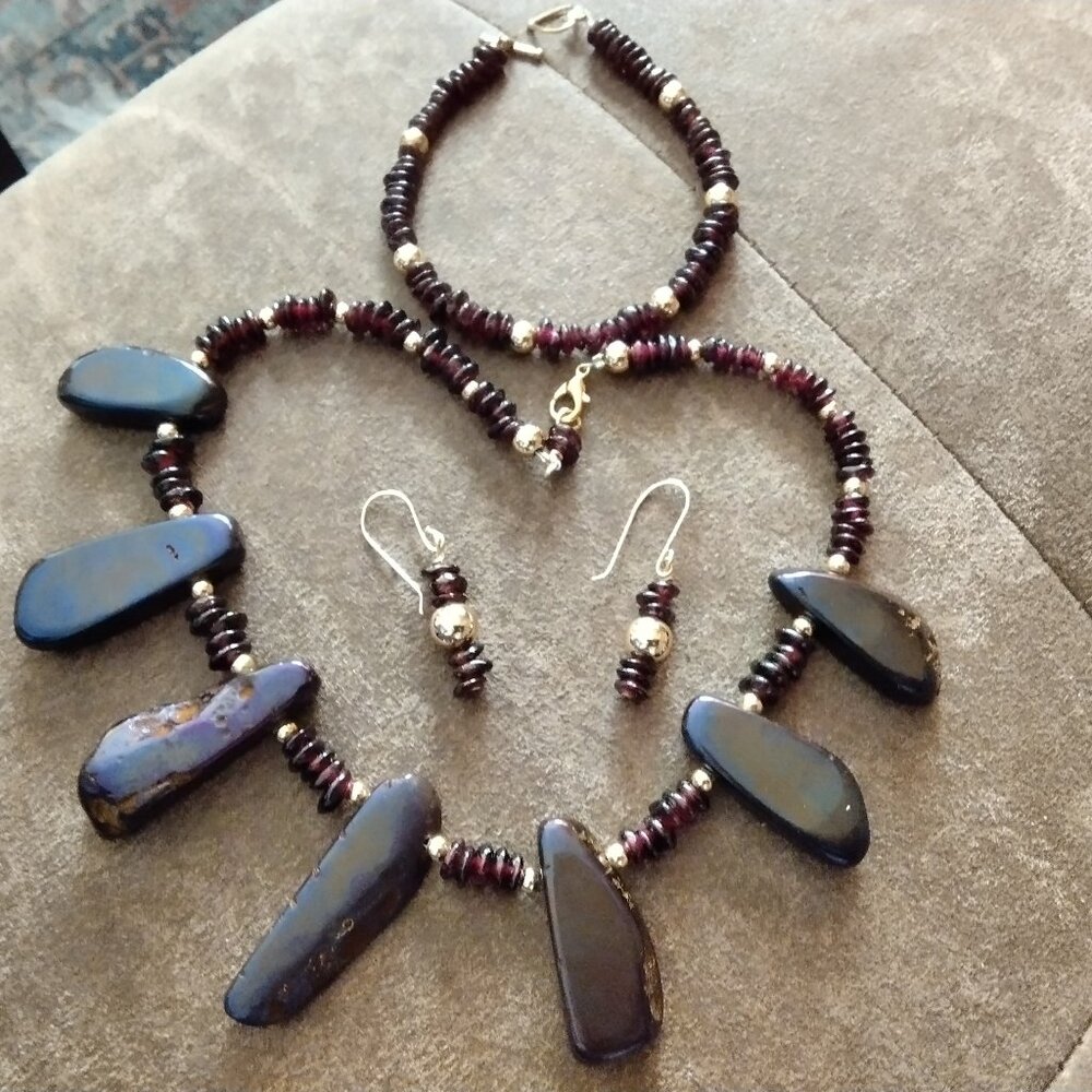 Ethiopian opal and garnet necklace, bracelet earrings set.